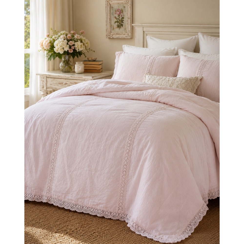 Simply Shabby Chic Pink Crochet Lace Trim King Comforter